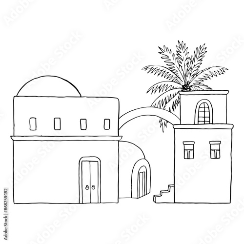 Traditional houses of middle east Jerusalem city or Arabic country black and white vector illustration. Islamic town street scene with stairs, arch and palm tree. Ancient Rome architecture