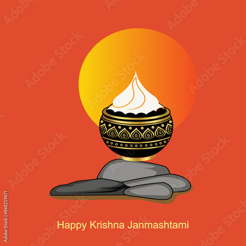 Happy Janmashtami Dhai handi happy krishna janmashtami Janmashtami festival background of India with hindi text meaning 'shree krishna janmashtami' photo