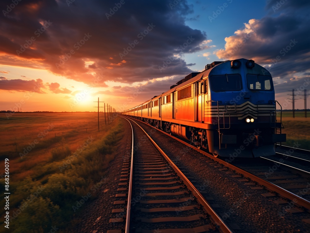 A cargo train hauling containers and merchandise barrels travels down a railroad track through a rural landscape at night. A cargo train hauling containers and merchandise barrels travels down a railroad track through a rural landscape at night.