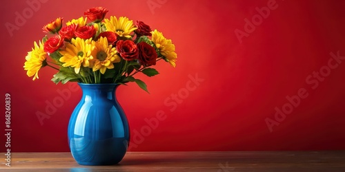 Vibrant red and yellow bouquet in blue gradient vase on red background, flowers, floral arrangement, vibrant colors © Sujid