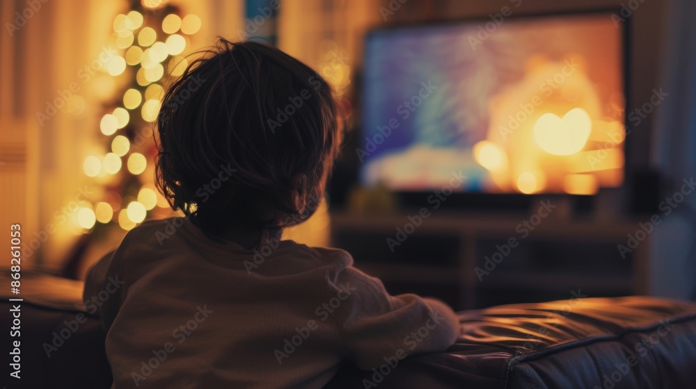 Young child sitting on a couch, watching TV with a softly lit Christmas tree in the background, creating a warm festive atmosphere. Young child sitting on a couch, watching TV with a softly lit Christmas tree in the background, creating a warm festive atmosphere.