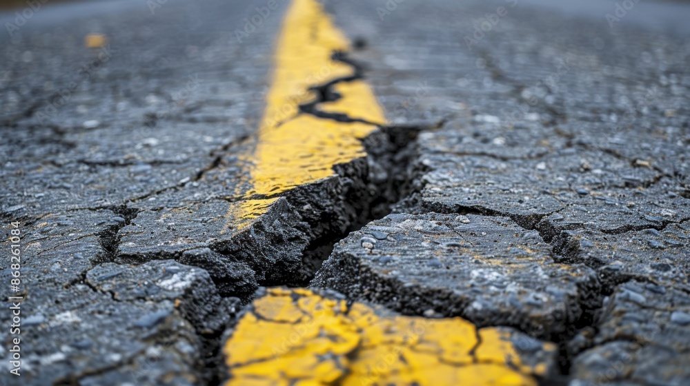 Fototapeta premium Detailed view of a road crack with a yellow dividing line, highlighting damaged asphalt and infrastructure issues.