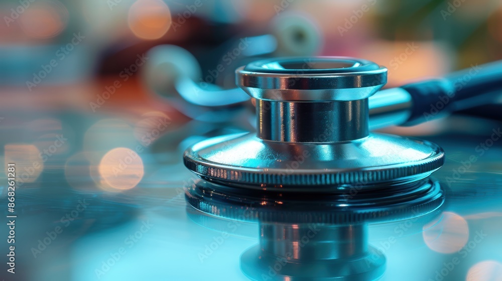 A close-up view of a stethoscope placed on a reflective surface, representing healthcare, diagnostics, and medical equipment. A close-up view of a stethoscope placed on a reflective surface, representing healthcare, diagnostics, and medical equipment.