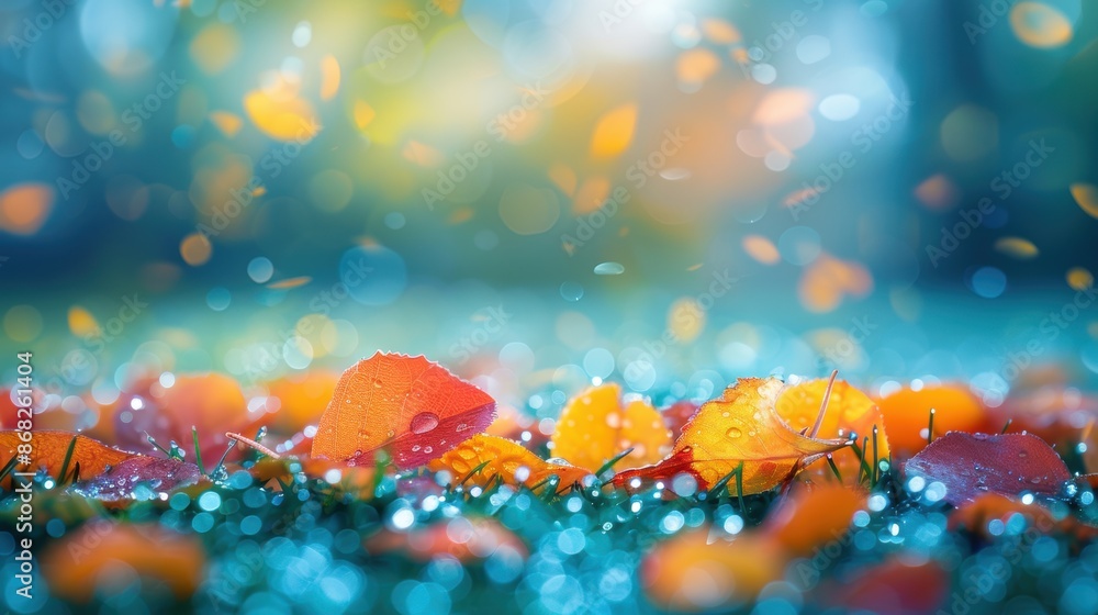 Close-up of dew-covered autumn leaves on grass with a blurred, bokeh background, showcasing the colors and beauty of fall. Close-up of dew-covered autumn leaves on grass with a blurred, bokeh background, showcasing the colors and beauty of fall.