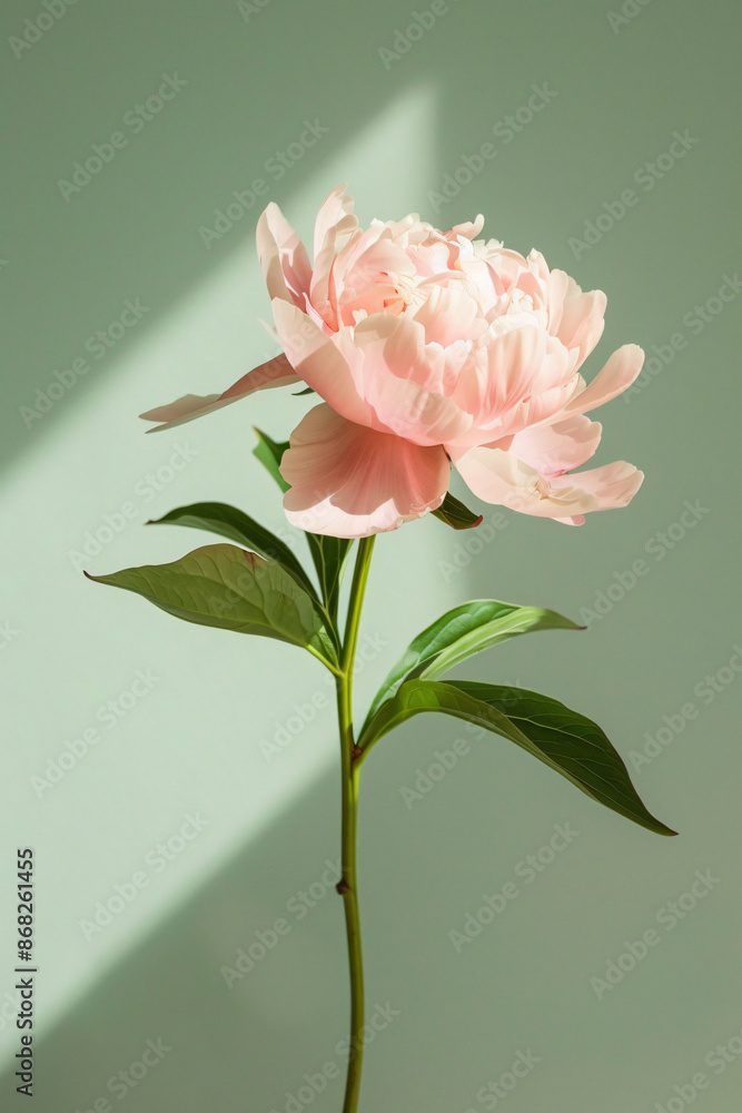 Fototapeta premium Photo of a single pastel pink peony flower on a light green background with long shadows, done in a minimalist style.