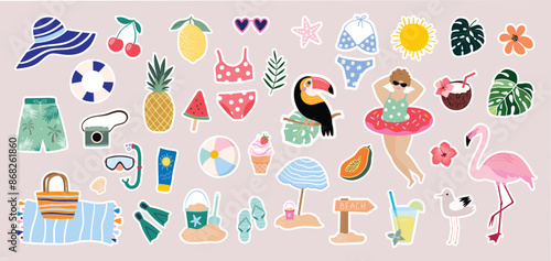 Summer stickers collection, seasonal elements, tropical vibe
