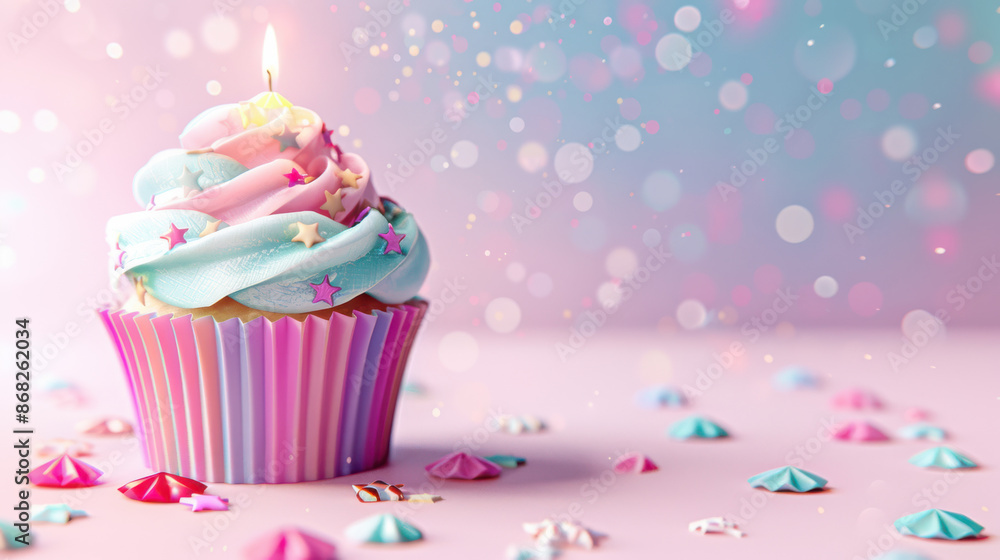 a cupcake with a lit candle, pastel-colored frosting with star-shaped sprinkles a cupcake with a lit candle, pastel-colored frosting with star-shaped sprinkles