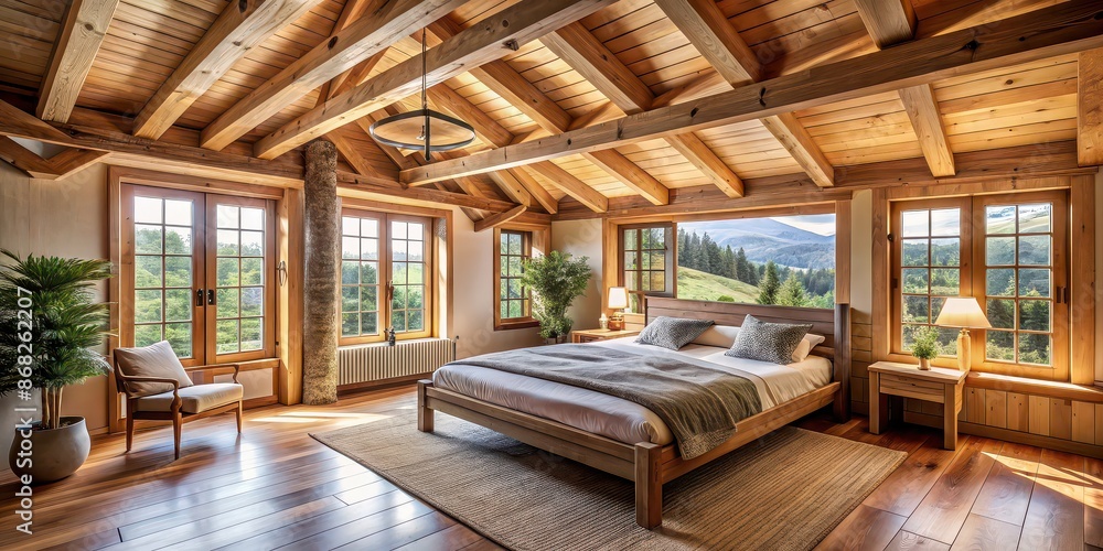 Naklejka premium Cozy bedroom with wooden beams and windows on ceiling in wooden house, cozy, bedroom, interior, wooden, house