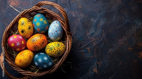 colorful easter eggs in basket . With copy space