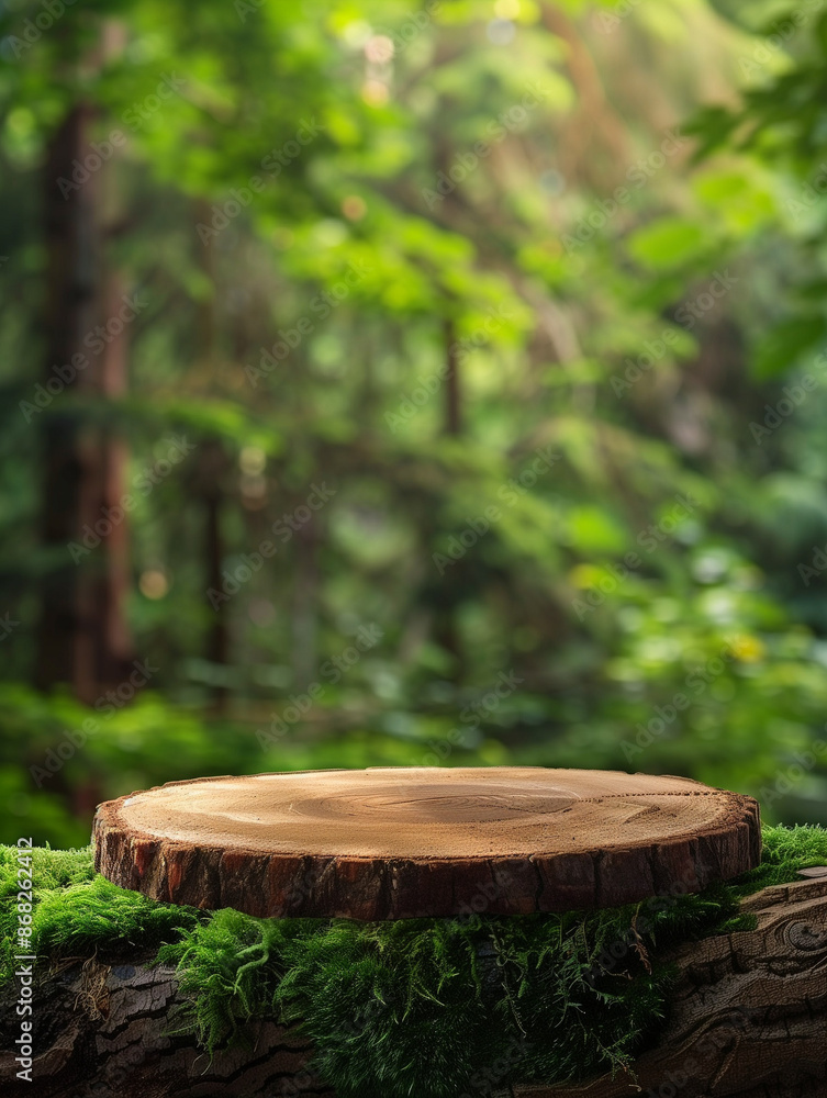 Wooden podium for product presentation on a forest background with green moss. mock-up template of a wood table surface Wooden podium for product presentation on a forest background with green moss. mock-up template of a wood table surface