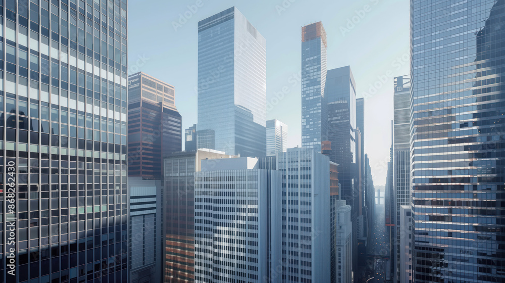 Skyscrapers in a big city financial district. Background image. Created with Generative AI technology. Skyscrapers in a big city financial district. Background image. Created with Generative AI technology.