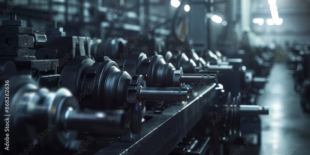 A row of industrial lathes turning and shaping metal rods, with a blue-collar worker overseeing the process A row of industrial lathes turning and shaping metal rods, with a blue-collar worker overseeing the process