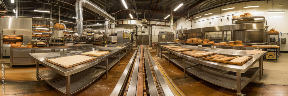 A commercial bakery with industrial mixers kneading dough and conveyor belts transporting freshly baked goods A commercial bakery with industrial mixers kneading dough and conveyor belts transporting freshly baked goods