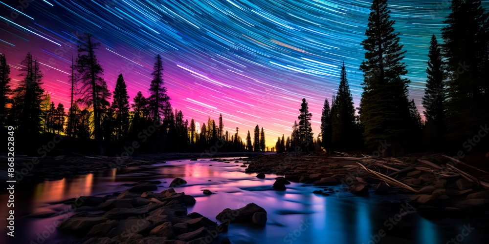 Obraz premium astrophotography with long exposure to capture star trails over a captivating landscape . Generative AI