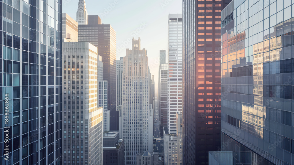 Skyscrapers in a big city financial district. Background image. Created with Generative AI technology. Skyscrapers in a big city financial district. Background image. Created with Generative AI technology.