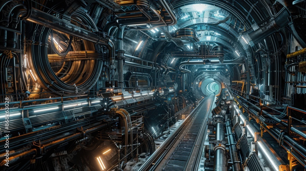 A high dynamic range image of a vast, underground industrial facility with bright lights and intricate machinery A high dynamic range image of a vast, underground industrial facility with bright lights and intricate machinery