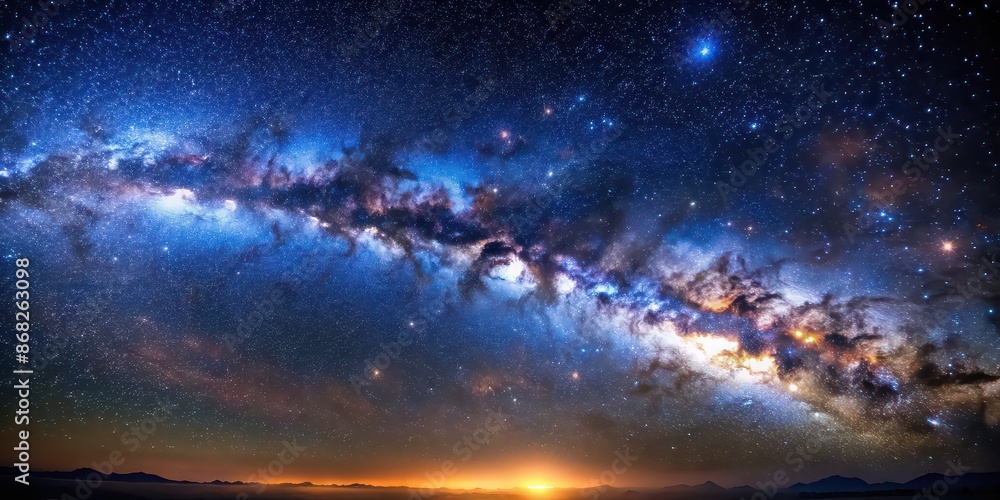 Fototapeta premium Deep space photo of starry sky with milky way galaxy and stunning astrophotography in night landscape, deep space