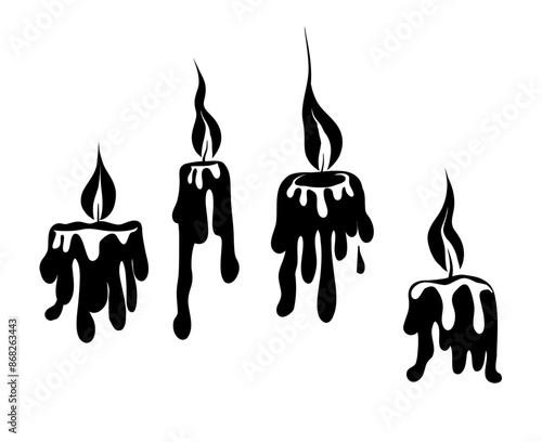 Vector set of black silhouette of flowing wax candles with fire isolated from background. Aromatherapy and festive monochrome icons. Monochrome candle paraffin tops.