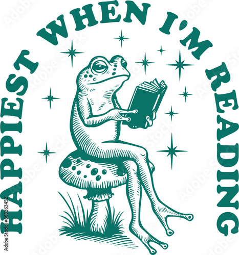 Happiest When I'm Reading Quote, Vintage Retro Frog is Reading a Book on a Mushroom, Bookish Design Shirt