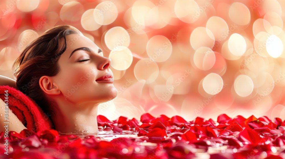 A relaxed woman enjoys a luxurious bath filled with rose petals, surrounded by a warm, soft bokeh background, embodying pampering and tranquility. A relaxed woman enjoys a luxurious bath filled with rose petals, surrounded by a warm, soft bokeh background, embodying pampering and tranquility.