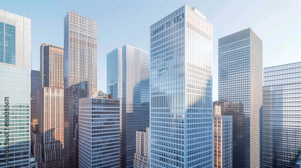 Skyscrapers in a big city financial district. Background image. Created with Generative AI technology. Skyscrapers in a big city financial district. Background image. Created with Generative AI technology.