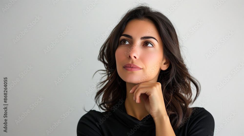 Beautiful brunette woman over isolated on white background with hand on chin thinking about question, pensive expression. Girl with thoughtful face. Doubt concept Beautiful brunette woman over isolated on white background with hand on chin thinking about question, pensive expression. Girl with thoughtful face. Doubt concept