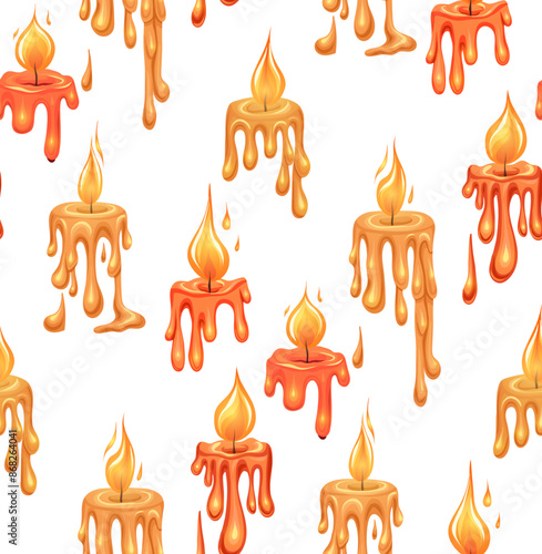 Vector mystic pattern with flowing paraffin candles with fire on a white background. Texture with paraffin light candle wax tops. Festive background for wrapping paper. Aromatherapy and spa.