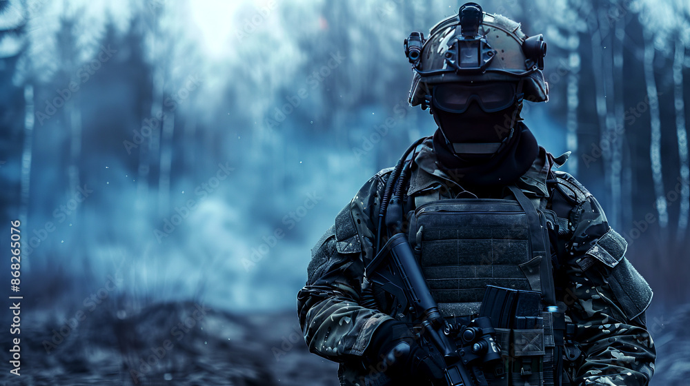 Naklejka premium Portrait of a soldier wearing uniform helmet and holding modern gun smoke forest background war and conflict concept with copyspace 