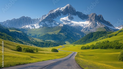 Majestic Route des Grandes Alpes: Scenic Drive through French Alps with Snow-Capped Peaks and Alpine Meadows under Clear Summer Sky photo