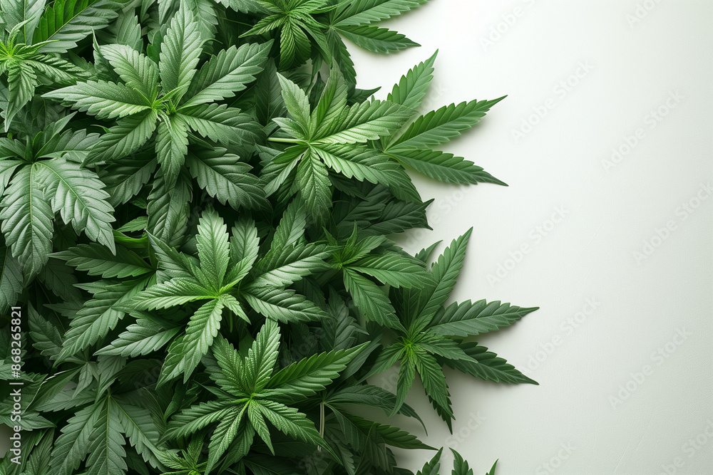 A group of fresh hemp leaves, neatly arranged on a smooth white background. The leaves are densely placed on the right side of the image A group of fresh hemp leaves, neatly arranged on a smooth white background. The leaves are densely placed on the right side of the image