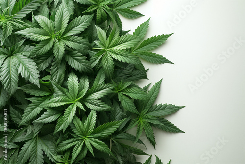 A group of fresh hemp leaves, neatly arranged on a smooth white background. The leaves are densely placed on the right side of the image