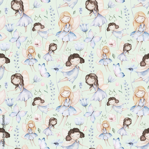 Wallpaper Mural Fairy and Flowers watercolor seamless girls nursery pattern. Cartoon pink magic girl baby background. Faitytale textile art Torontodigital.ca