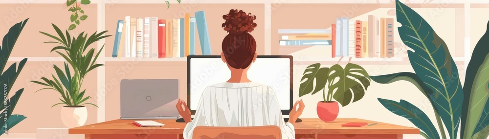 Person working at a home office desk with a computer, surrounded by plants and bookshelves, creating a cozy workspace atmosphere. Person working at a home office desk with a computer, surrounded by plants and bookshelves, creating a cozy workspace atmosphere.