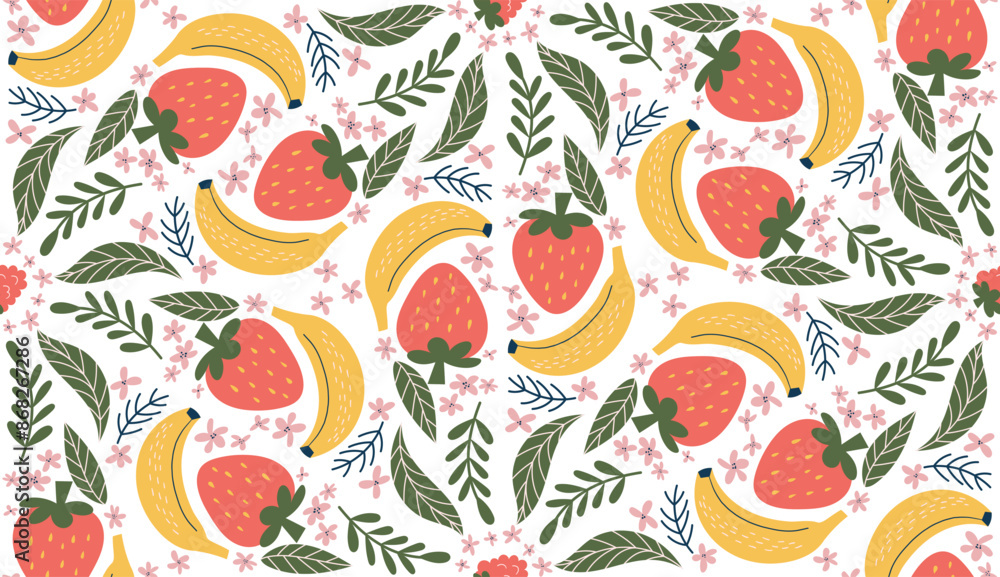 Whimsical seamless pattern featuring illustrations of bananas, red strawberries, pink flowers, and green leaves, arranged in a diamond-shaped design. Modern, organic vector style with flat colors Whimsical seamless pattern featuring illustrations of bananas, red strawberries, pink flowers, and green leaves, arranged in a diamond-shaped design. Modern, organic vector style with flat colors