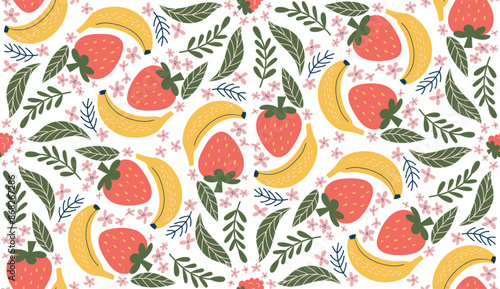 Whimsical seamless pattern featuring illustrations of bananas, red strawberries, pink flowers, and green leaves, arranged in a diamond-shaped design. Modern, organic vector style with flat colors