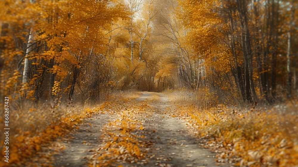 Fototapeta premium Golden autumn leaves cover a forest pathway, creating a scenic, sunlit corridor through the woods in fall.