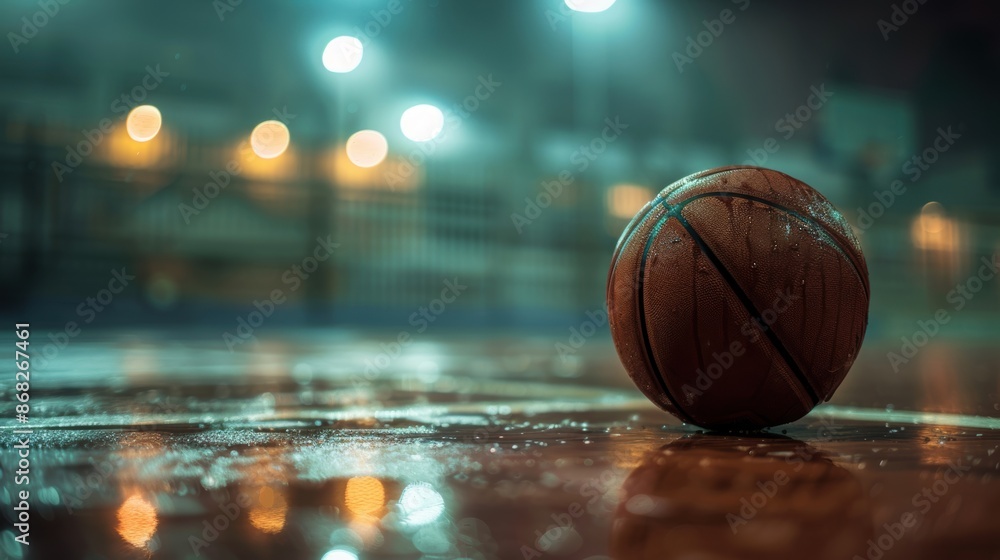 A wet basketball on a dimly lit outdoor court with reflections from the lights, creating a moody and atmospheric scene. A wet basketball on a dimly lit outdoor court with reflections from the lights, creating a moody and atmospheric scene.