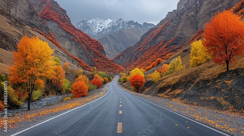 Majestic Autumn Scenery of Karakoram Highway between Pakistan and China with Colorful Foliage and Clear Sky