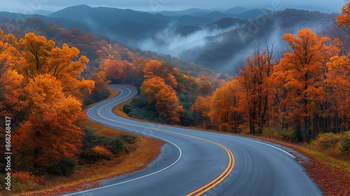Autumn Serenity on The Blue Ridge Parkway: Tranquil Drive through Vibrant Foliage and Misty Mountains