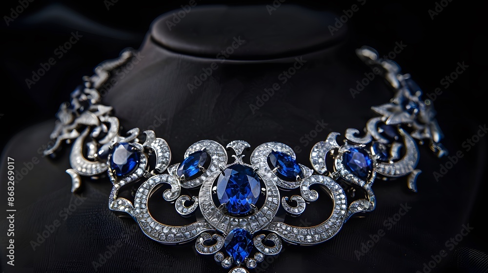 Elegant sapphire necklace with diamonds, front view on black background. Generative AI Elegant sapphire necklace with diamonds, front view on black background. Generative AI