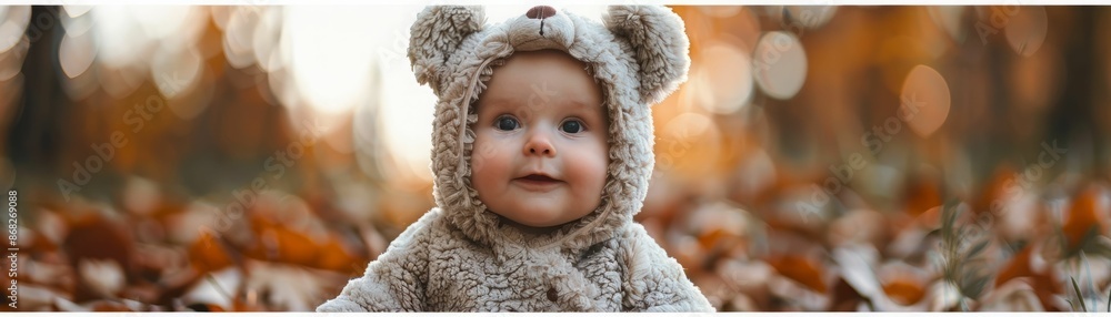 Cute Baby in Teddy Bear Costume in Autumn Leaves.