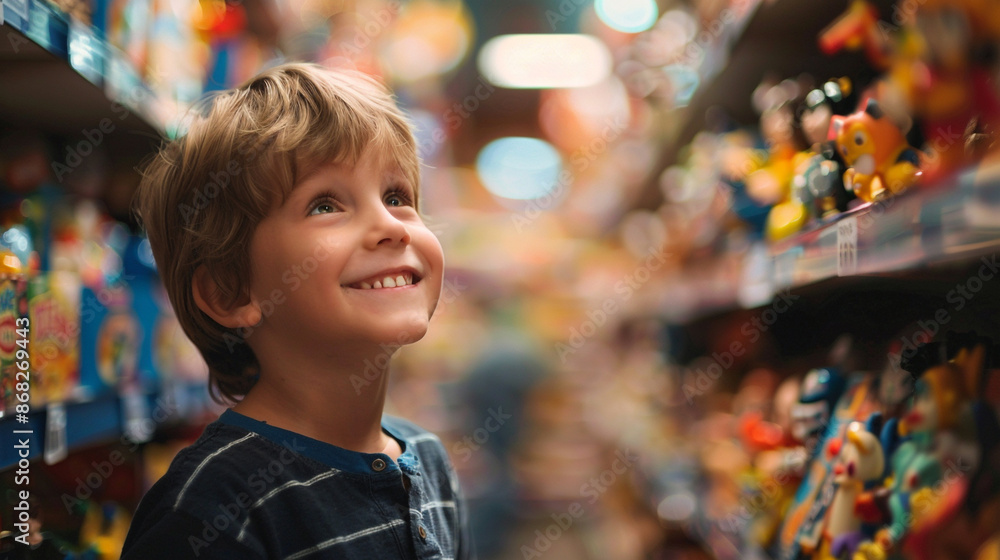 Young boy smiles while he looks at toys in a toy store Young boy smiles while he looks at toys in a toy store