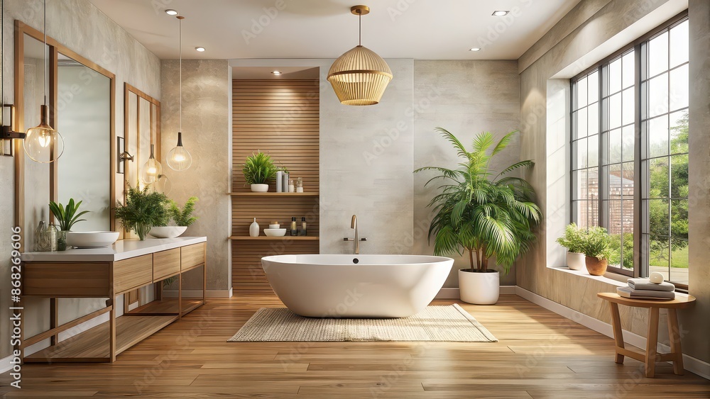 Fototapeta premium Beautiful bathroom interior with calm natural tones , luxurious, elegant, tranquil, spa-like, clean, modern
