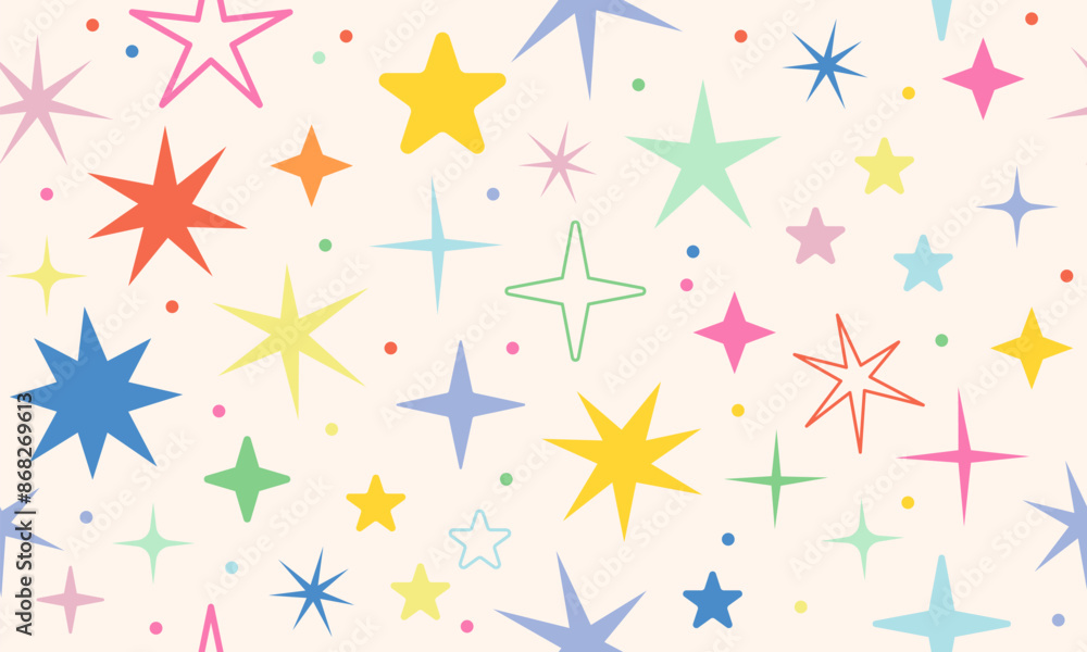 Seamless pattern with stars and sparks. Christmas, birthday design in vibrant colors on a light background. Trendy modern vector illustration. Cute hand drawn flat design Seamless pattern with stars and sparks. Christmas, birthday design in vibrant colors on a light background. Trendy modern vector illustration. Cute hand drawn flat design
