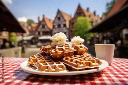 Belgian waffles presented on an outdoor cafe table in a historic village square.