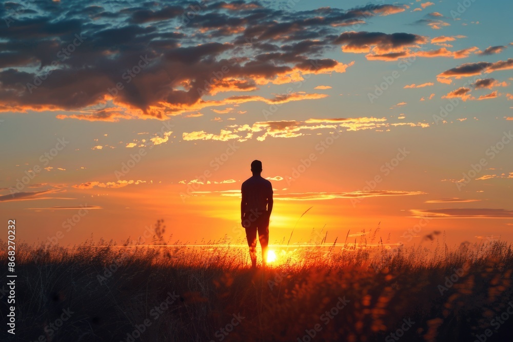 Person Sunset. Young Man Enjoying the Sunrise in Beautiful Sky Person Sunset. Young Man Enjoying the Sunrise in Beautiful Sky