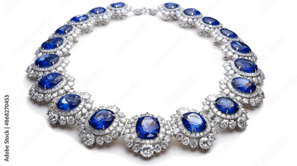 Elegant sapphire necklace with diamonds, front view on black background. Generative AI Elegant sapphire necklace with diamonds, front view on black background. Generative AI