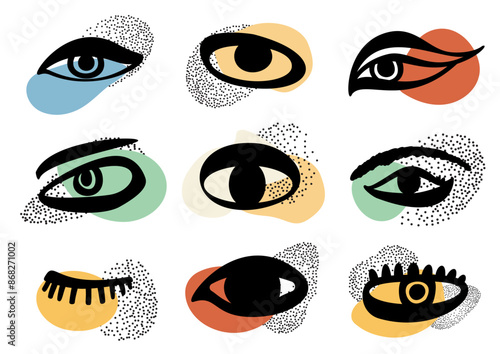 Eyes icons, art optical symbols, eyesight pictogram set, eyeball silhouettes, eye sign set, optical icons hand drawn imitation, vector illustration