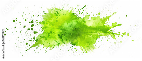 Abstract bright green color painting, watercolor splashes or stain as explosion, isolated on white background	