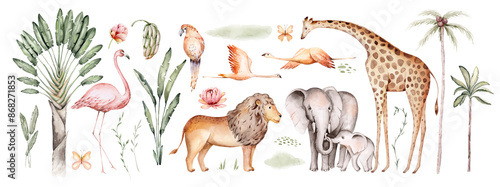 Watercolor illustration of African Animals: elephant and monkey, cockatoo, wild parrot and giraffe, flamingo isolated white background. Safari savannah animals.